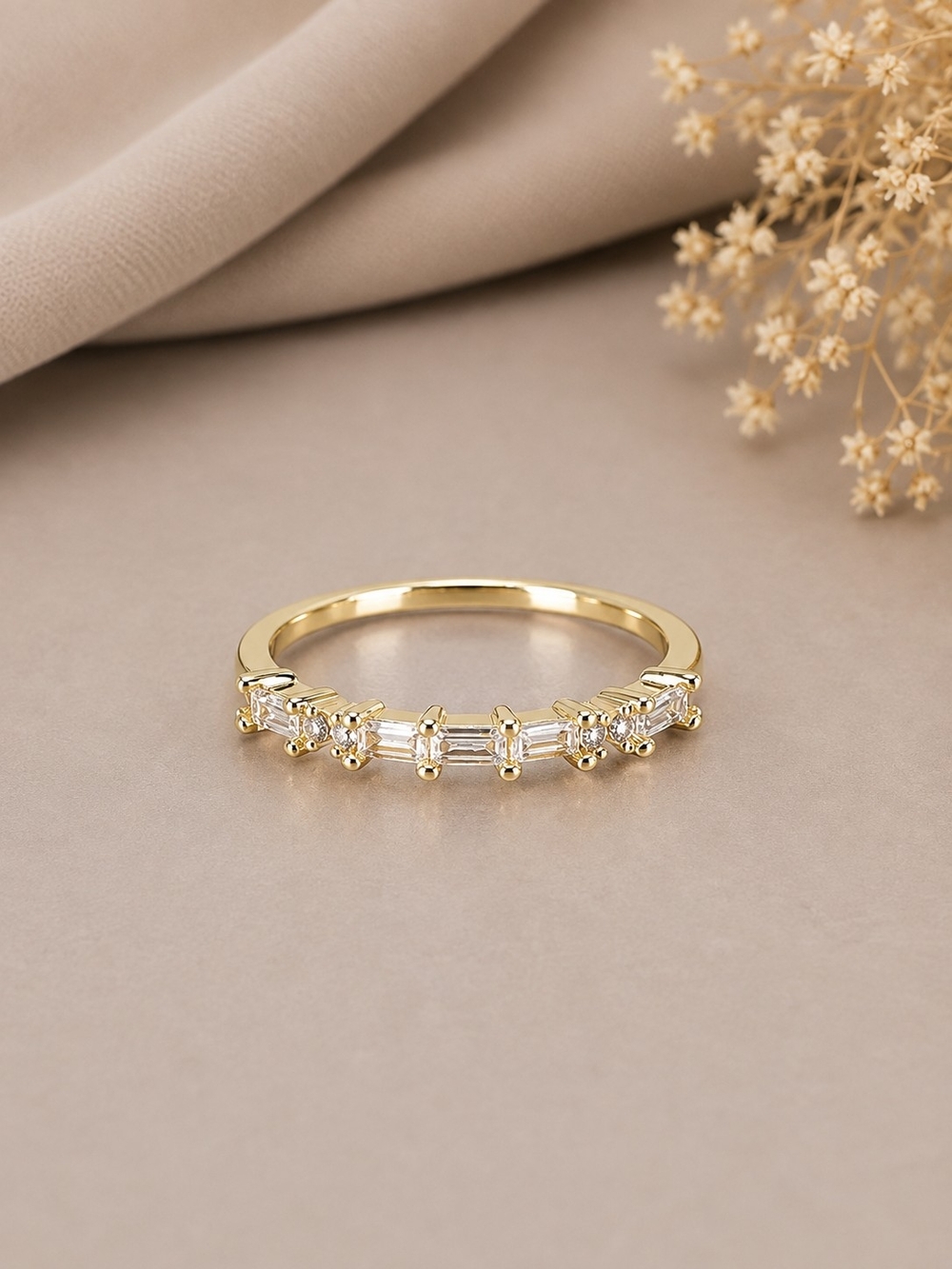 Gold CZ Baguette & Round Band Ring